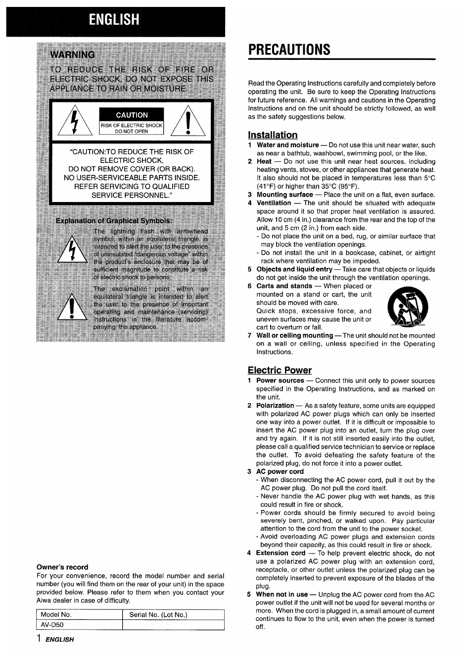 English, Warning, Caution | Explanation of graphical symbols, Precautions, Installation, Owner’s record, Electric power, 3 ac power cord | Aiwa AV-D50 User Manual | Page 2 / 68
