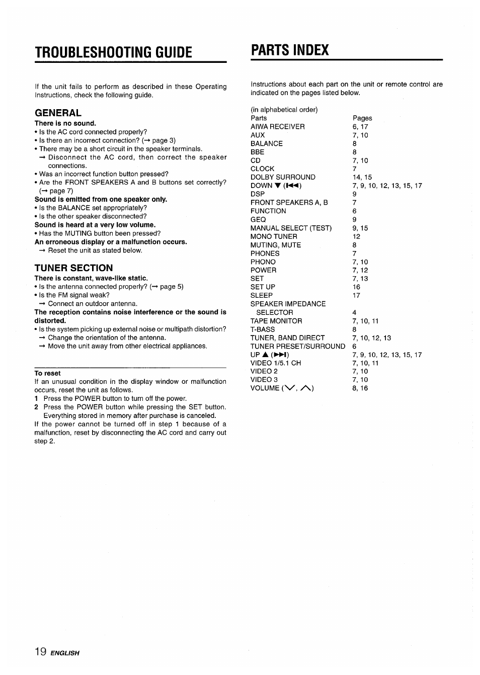 General, Tuner section, To reset | Troubleshooting guide parts index | Aiwa AV-D50 User Manual | Page 20 / 68