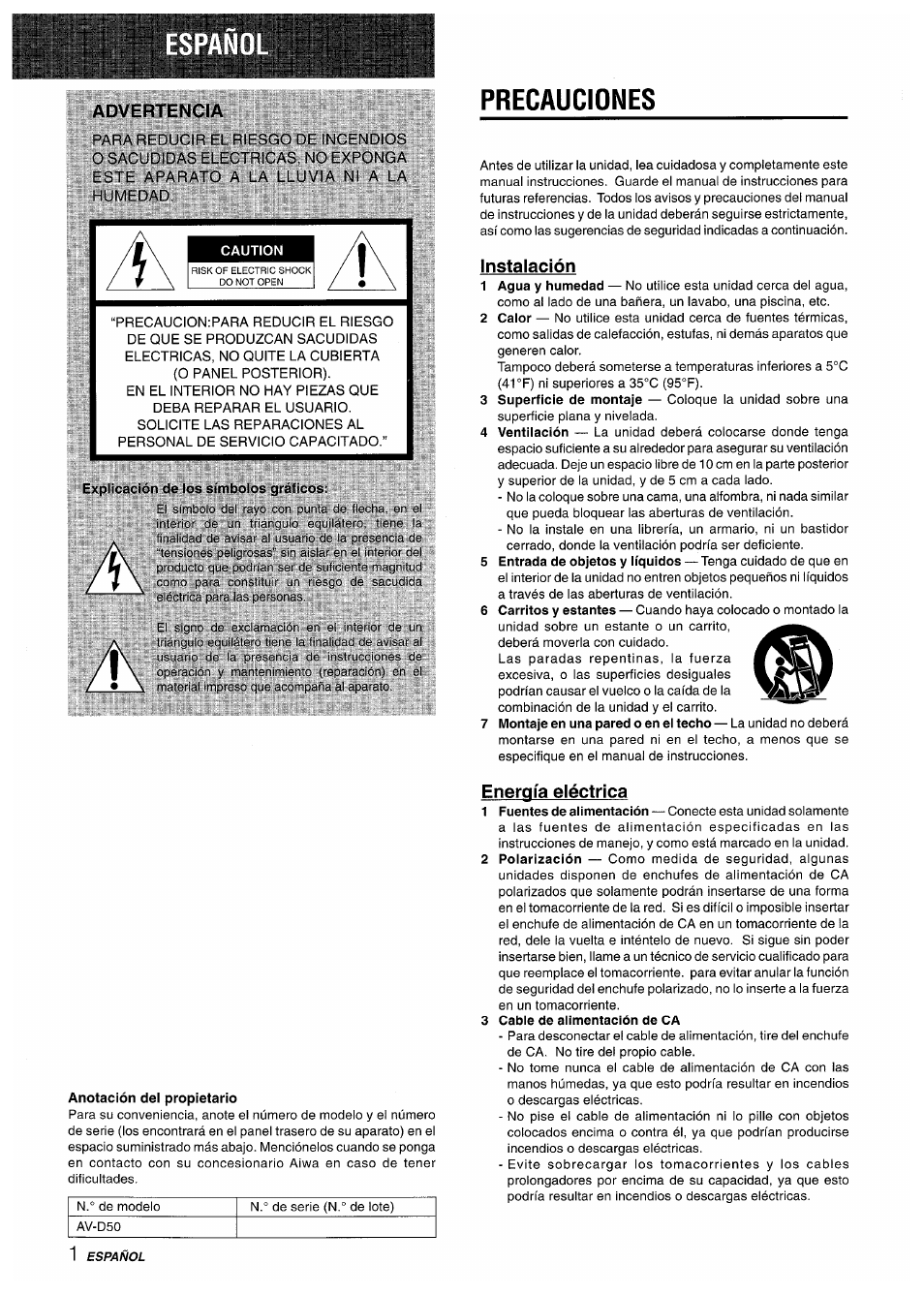 Advertencia, Explicación de ios símboios gráficos, Anotación del propietario | Precauciones, Instalación, Energía eléctrica, 3 cable de alimentación de ca | Aiwa AV-D50 User Manual | Page 22 / 68