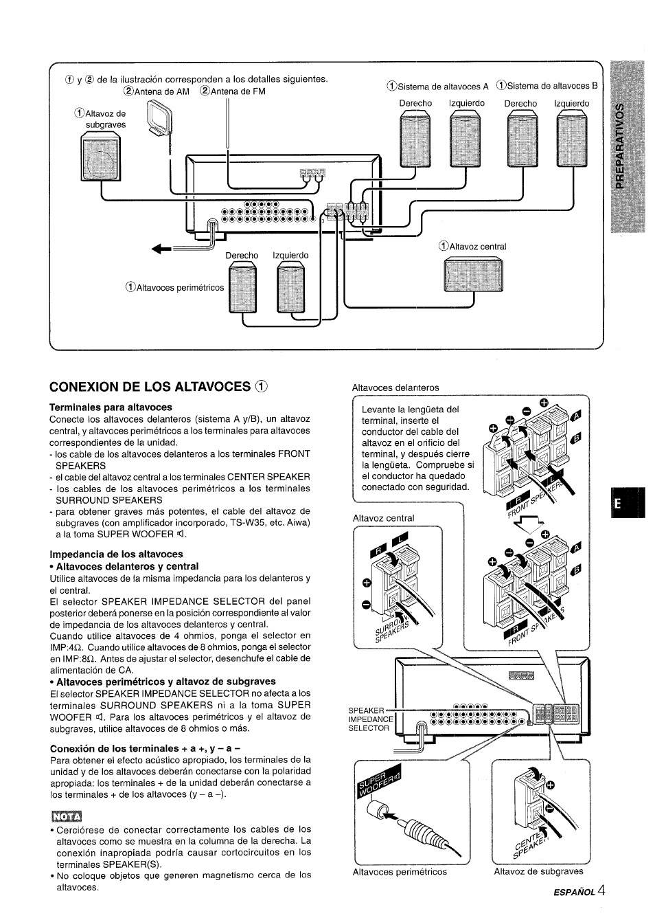 Conexion de los altavoces (5), Terminales para altavoces, Impetílancia de los altavoces | Conexión de los terminales + a +, y - a | Aiwa AV-D50 User Manual | Page 25 / 68