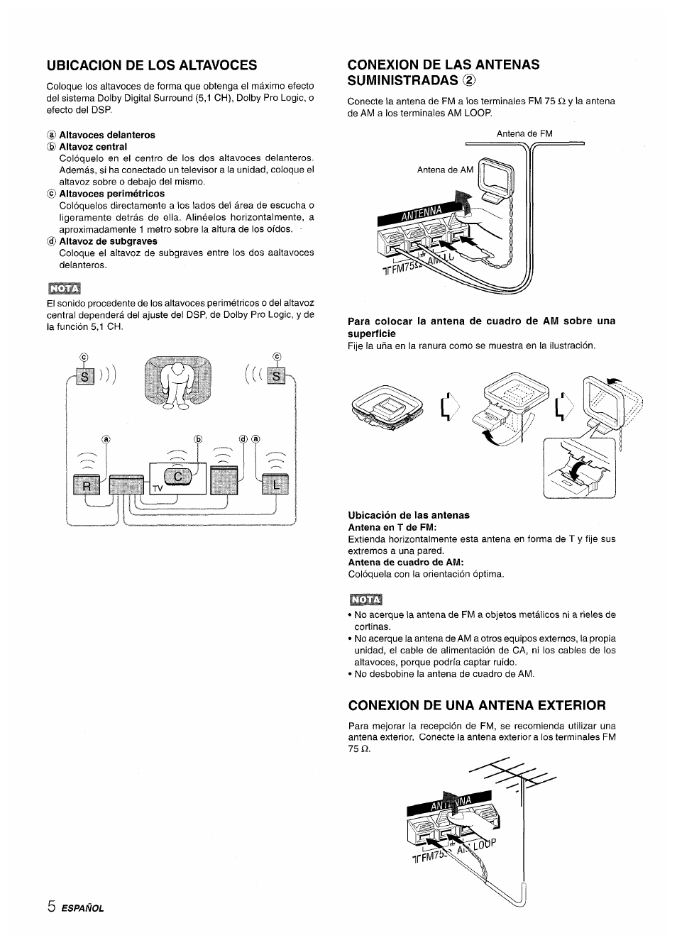 Ubicacion de los altavoces, A) altavoces delanteros (g) altavoz central, Conexion de las antenas suministradas (d | Antena en t de fm, Conexion de una antena exterior, I c y | Aiwa AV-D50 User Manual | Page 26 / 68