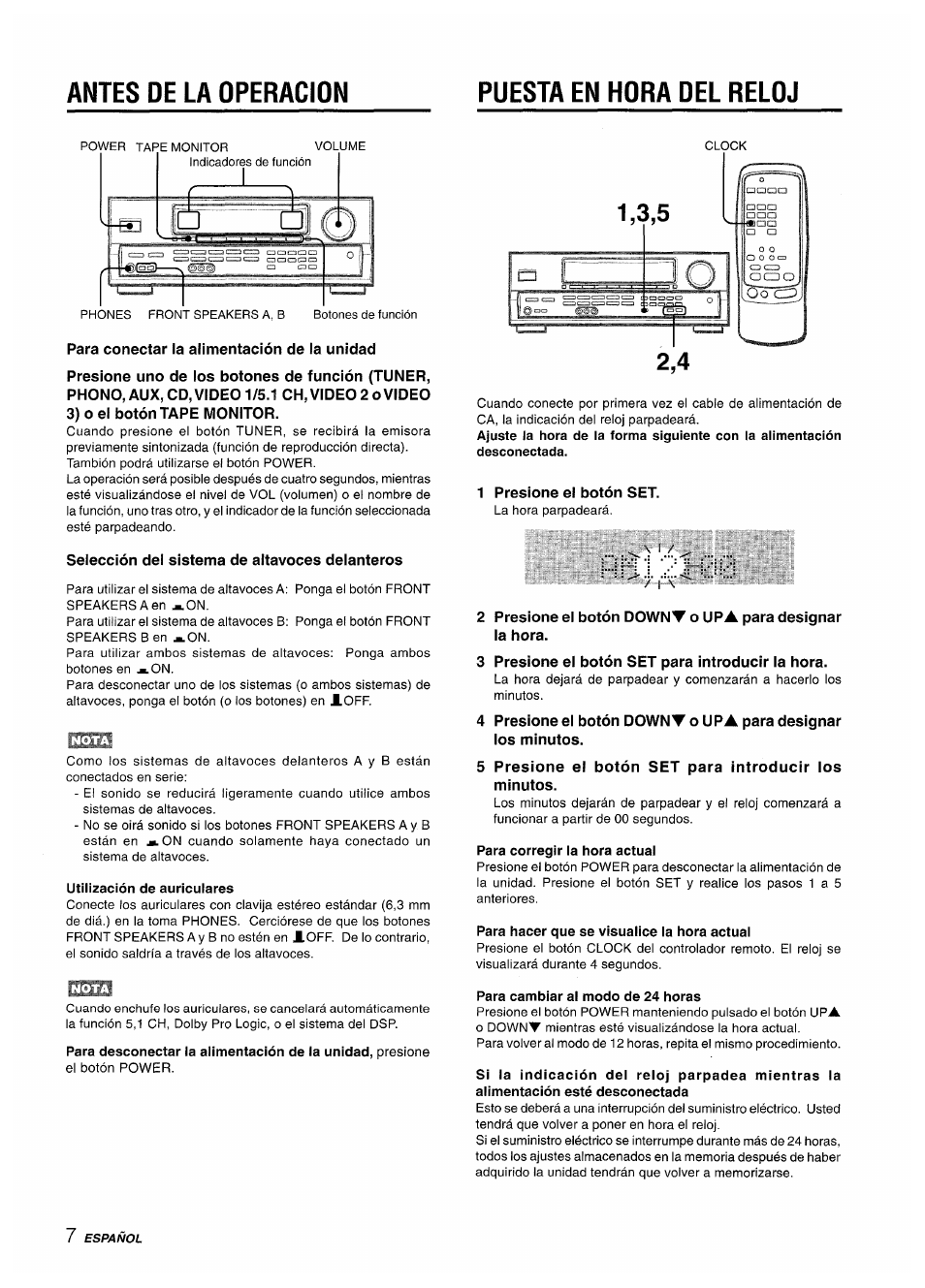 Antes de la operacion, Puesta en hora del reloj, Utilización de auricuiares | Para corregir ia hora actuai, Para hacer que se visualice la hora actual, Para cambiar al modo de 24 horas, Antes de la operacion puesta en hora del reloj | Aiwa AV-D50 User Manual | Page 28 / 68