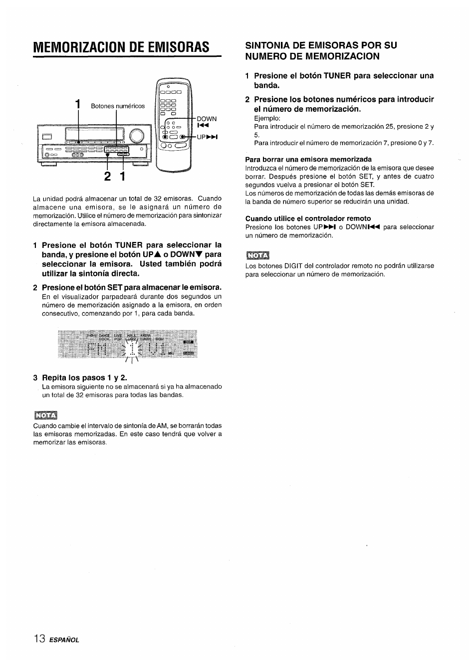 Memorizacion de emisoras, Sintonia de emisoras por su numero de memorizacion, Para borrar una emisora memorizada | Cuando utilice el controlador remoto | Aiwa AV-D50 User Manual | Page 34 / 68