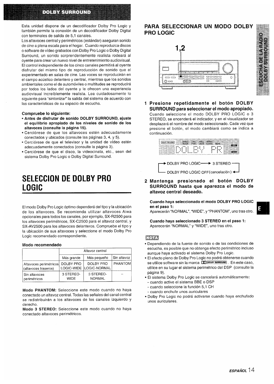Compruebe lo siguiente, Seleccion de dolby pro, Loiíülc | Para seleccionar un modo dolby pro logic, Cuando haya seleccionado 3 stereo en el paso 1, Seleccion de dolby pro logic, Seleccion de dolby pro loiíülc | Aiwa AV-D50 User Manual | Page 35 / 68