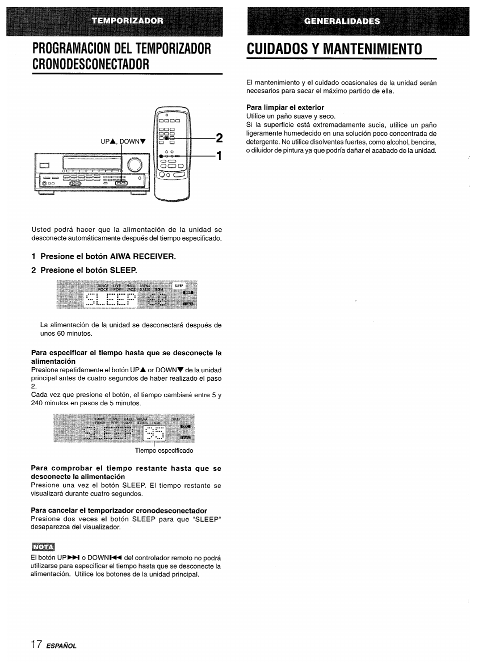 Programacion del temporizador cronodesconectador, Cuidados y mantenimiento, Para limpiar el exterior | 1 presione el botón aiwa receiver, 2 presione el botón sleep, Para cancelar el temporizador cronodesconectador | Aiwa AV-D50 User Manual | Page 38 / 68