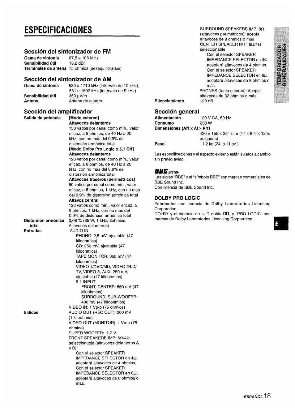 Especificaciones, Sección del sintonizador de fm, Sección del sintonizador de am | Silenciamiento, Sección del amplificador, Salidas, Altavoces delanteros, Sección general, Dolby pro logic | Aiwa AV-D50 User Manual | Page 39 / 68