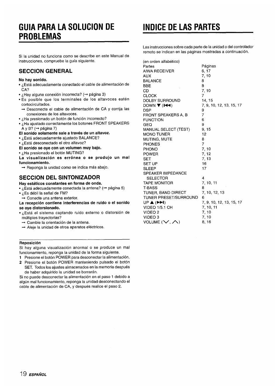 Guia para la solucion de problemas, Indice de las partes, Reposición | Seccion general, Seccion del sintonizador | Aiwa AV-D50 User Manual | Page 40 / 68