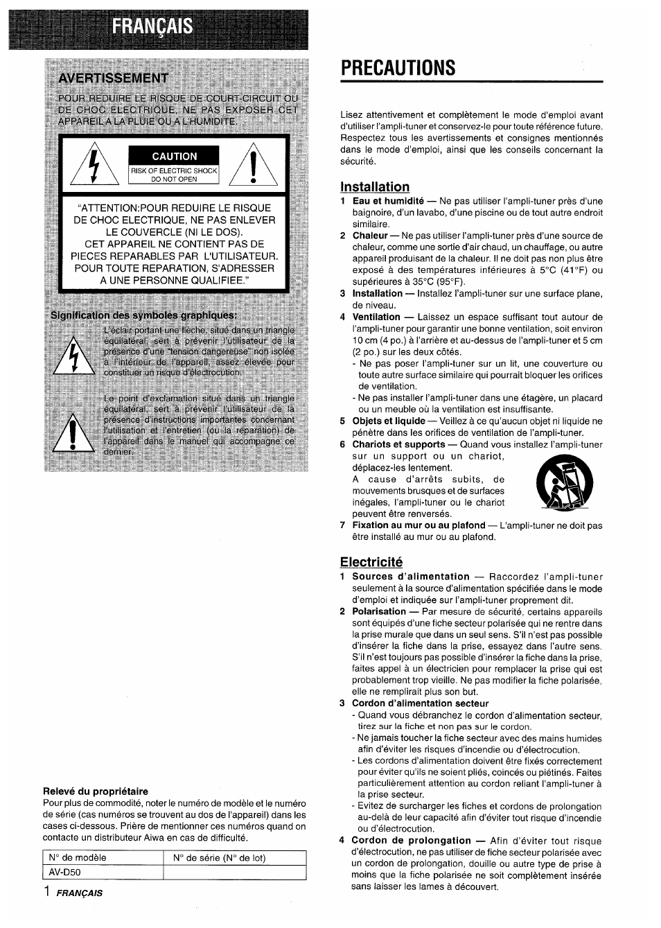 Avertissement, Precautions, Caution | Signification des symboies graphiques, Installation, Relevé du propriétaire, Electricité, 3 cordon d’alimentation secteur | Aiwa AV-D50 User Manual | Page 42 / 68