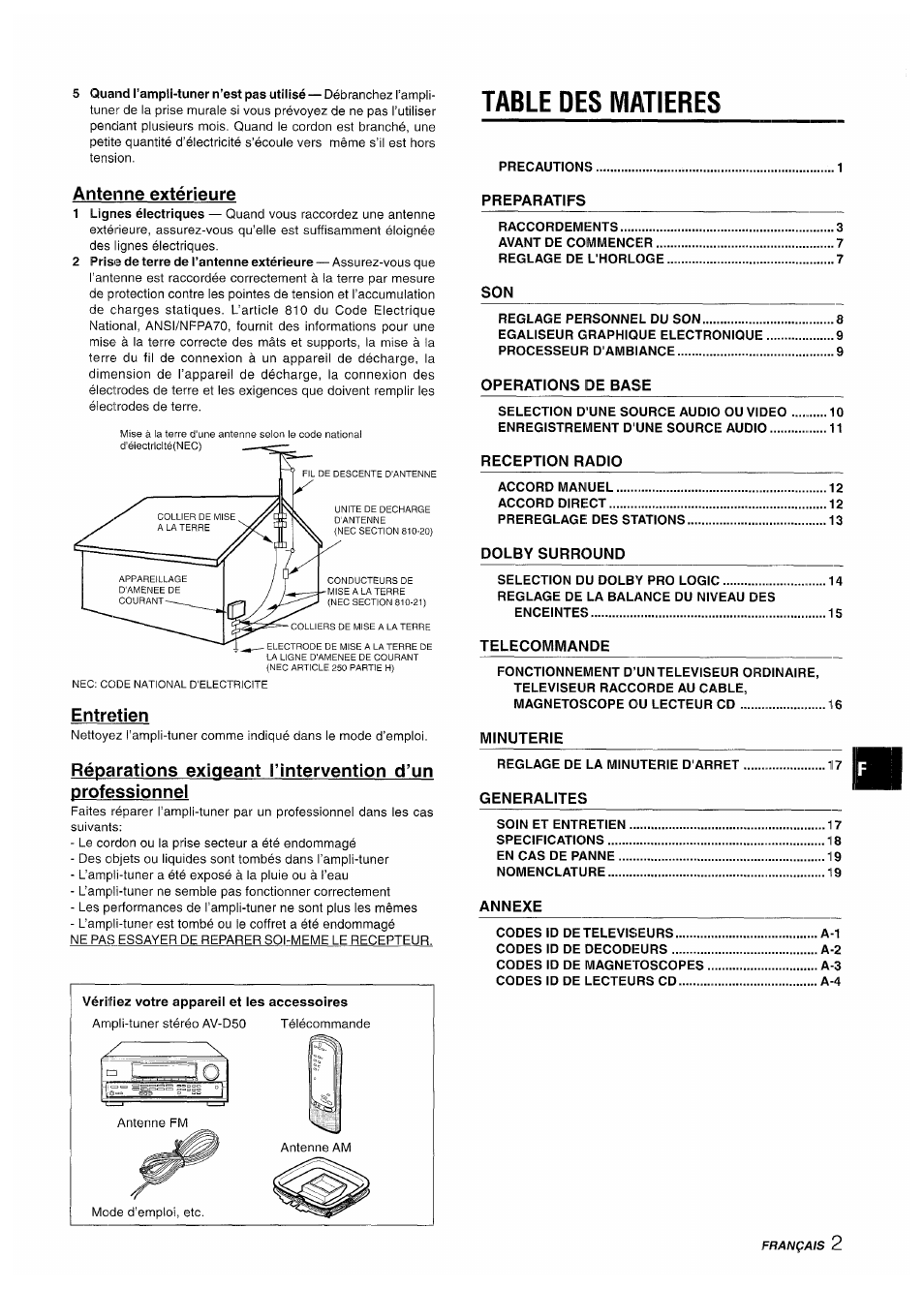 Antenne extérieure, Table des matieres, Entretien | Aiwa AV-D50 User Manual | Page 43 / 68