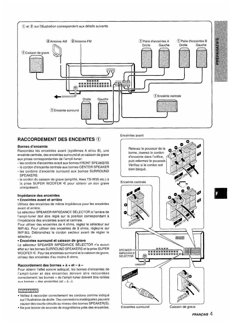 Raccordement des enceintes, Bornes d’enceinte, Impédance des enceintes | Raccordement des bornes + à + et - à | Aiwa AV-D50 User Manual | Page 45 / 68
