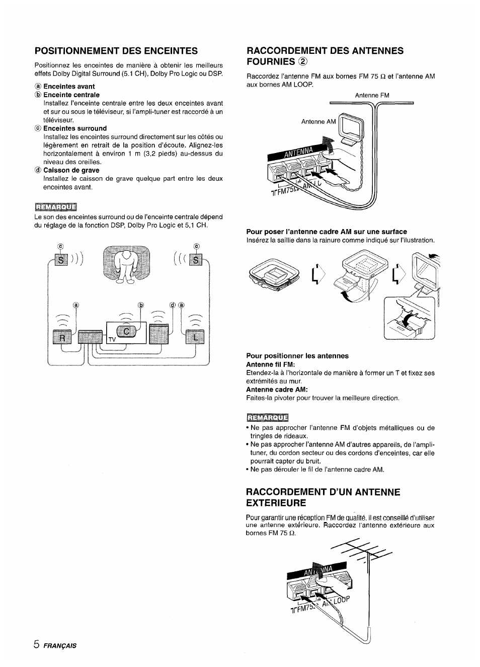 Positionnement des enceintes, D enceintes avant ® enceinte centraie, Raccordement des antennes fournies (d | Pour poser i’antenne cadre am sur une surface, Pour positionner les antennes antenne fil fm, Raccordement d’un antenne exterieure | Aiwa AV-D50 User Manual | Page 46 / 68