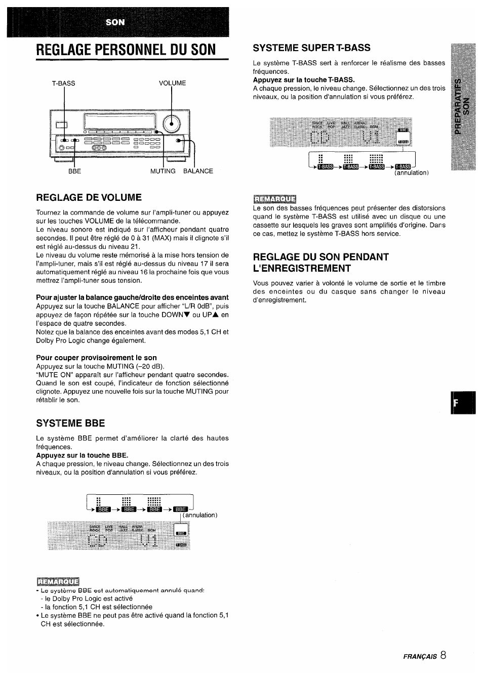 Reglage de volume, Pour couper provisoirement le son, Systeme bbe | Reglage du son pendant l'enregistrement, Reglage personnel du son, Systeme super ï-bass | Aiwa AV-D50 User Manual | Page 49 / 68