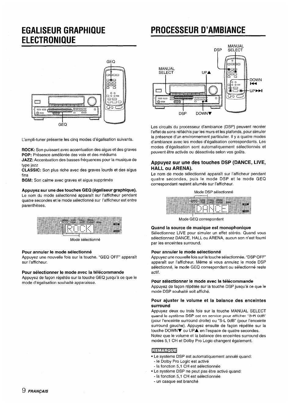 Egaliseur graphique electronique, Processeur d’ambiance, Quand la source de musique est monophonique | Pour annuler le mode sélectionné, Pour sélectionner le mode avec la télécommande, Oo ct | Aiwa AV-D50 User Manual | Page 50 / 68