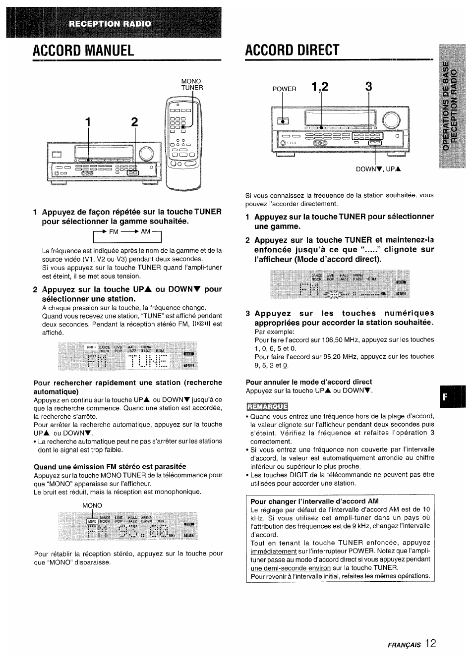 Accord manuel, Quand une émission fm stéréo est parasitée, Accord direct | Pour annuler le mode d’accord direct, Pour changer l’intervalle d’accord am, Ujuj, Accord manuel accord direct | Aiwa AV-D50 User Manual | Page 53 / 68