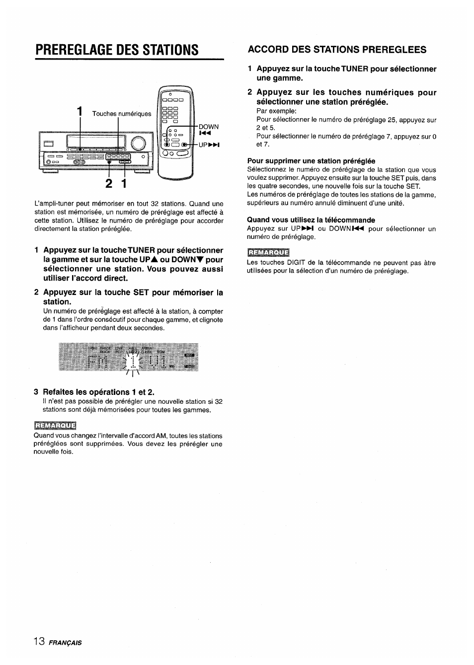 Prereglage des stations, Accord des stations prereglees, Pour supprimer une station préréglée | Quand vous utilisez la télécommande | Aiwa AV-D50 User Manual | Page 54 / 68