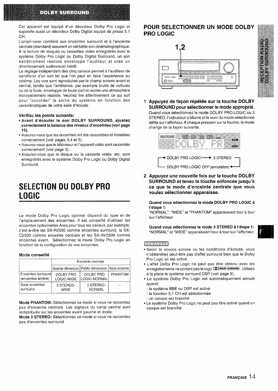 Vérifiez les points suivants, Selection du dolby pro logic, Mode conseillé | Pour selectionner un mode dolby pro logic | Aiwa AV-D50 User Manual | Page 55 / 68