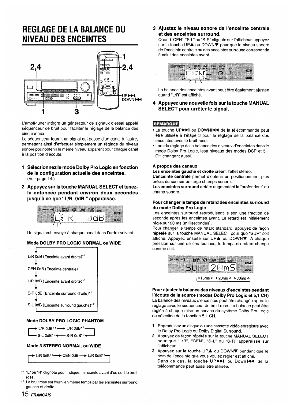 Reglage de la balance du niveau des enceintes, Mode 3 stereo normal ou wide, A propos des canaux | Aiwa AV-D50 User Manual | Page 56 / 68