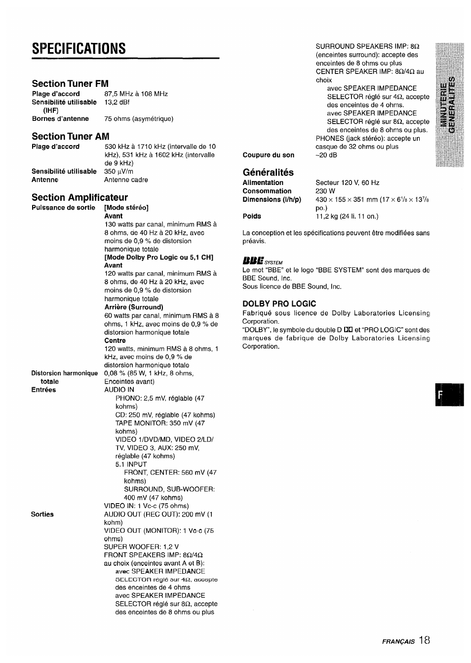 Specifications, Sensibilité utiiisable antenne, Sorties | Mode stéréo, Coupure du son, Poids, Dolby pro logic, Especificaciones, Généralités | Aiwa AV-D50 User Manual | Page 59 / 68