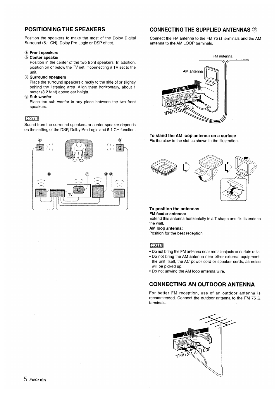 Connecting the supplied antennas (2), D front speakers d) center speaker, To stand the am loop antenna on a surface | To position the antennas fm feeder antenna, Connecting an outdoor antenna | Aiwa AV-D50 User Manual | Page 6 / 68