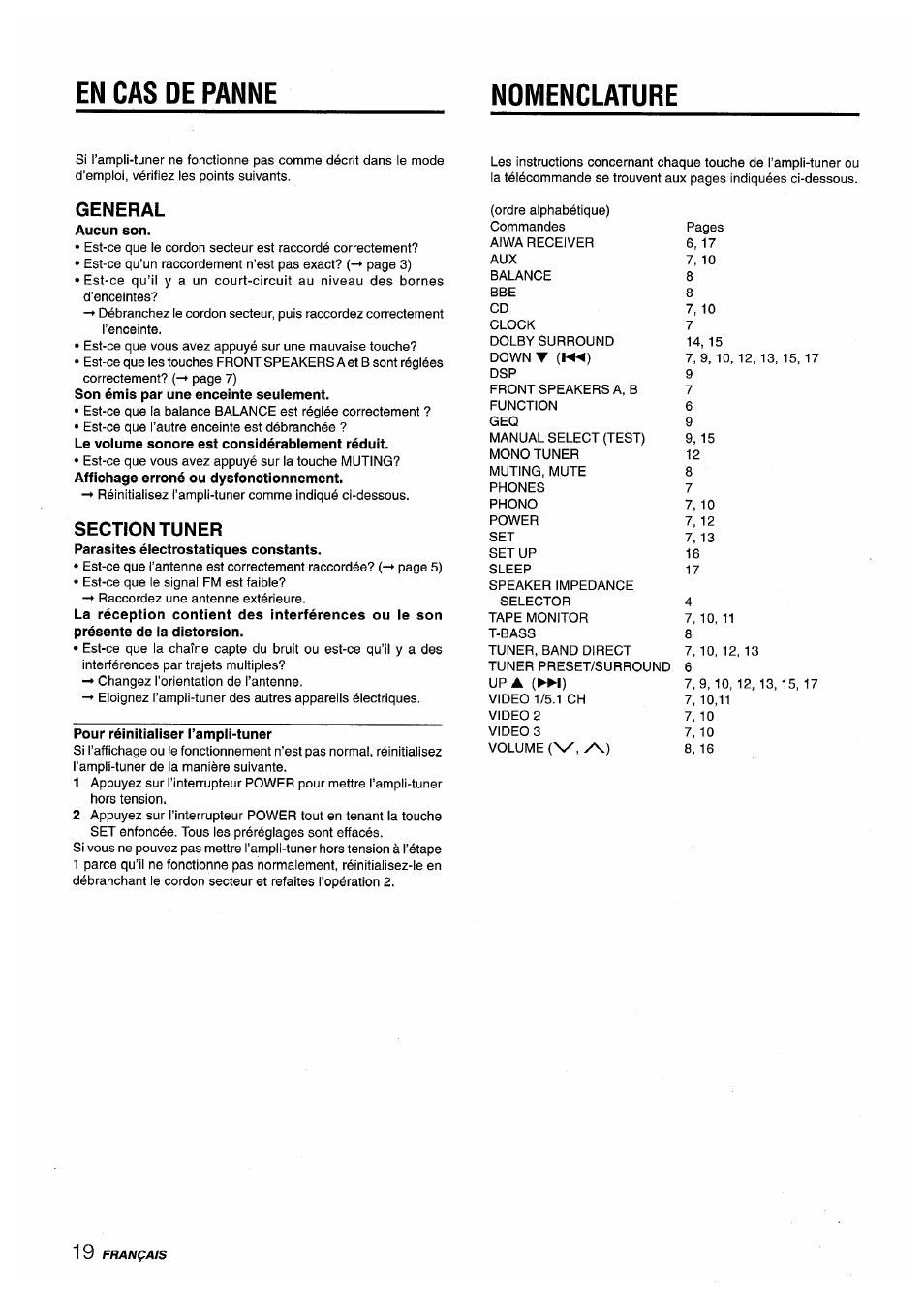 En cas de panne, Nomenclature, General | Section tuner, Pour réinitialiser l’ampli-tuner, En cas depanne nomenclature, En cas de panne nomenclature | Aiwa AV-D50 User Manual | Page 60 / 68