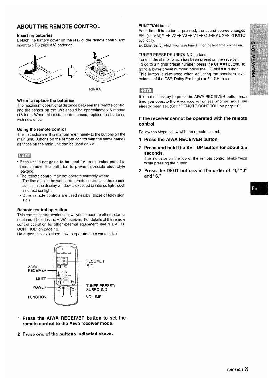 About the remote control, Inserting batteries, When to replace the batteries | Using the remote control, Remote control operation, 1 press the aiwa receiver button, 2 preaa one of the buttons indicsted above | Aiwa AV-D50 User Manual | Page 7 / 68