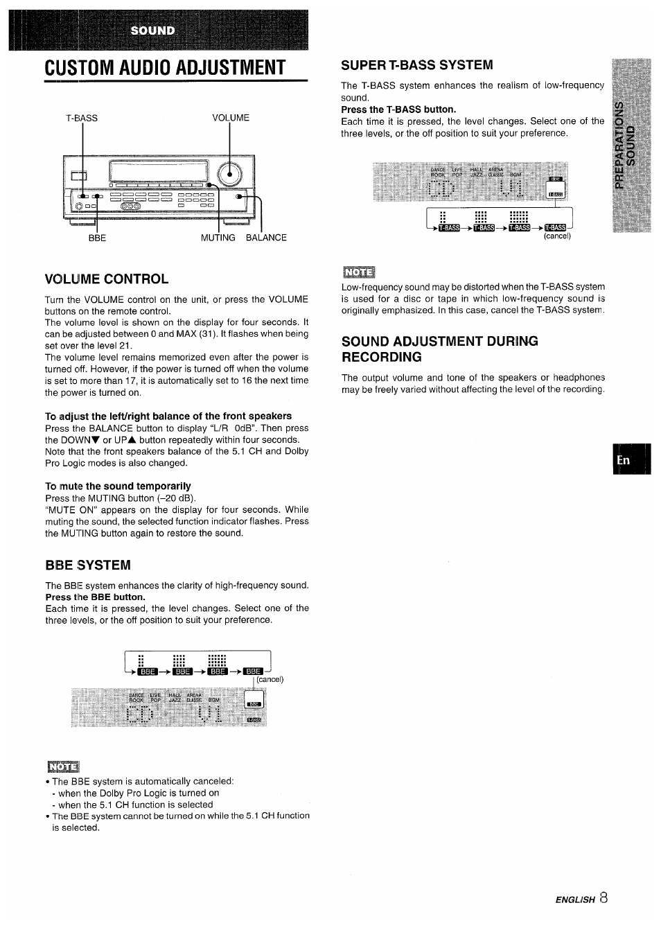 Custom audio adjustment, Super t-bass system, Volume control | Sound adjustment during recording, To mute the sound temporarily, Bbe system | Aiwa AV-D50 User Manual | Page 9 / 68