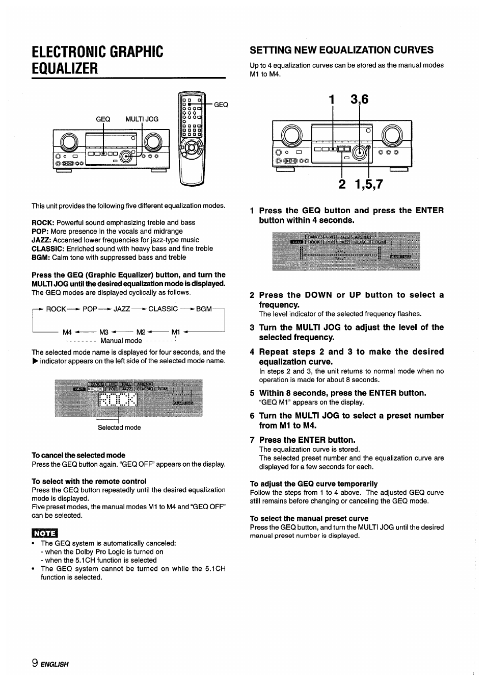 Electronic graphic equalizer, To cancel the selected mode, To adjust the geq curve temporarily | To select the manual preset curve, Ifljck | Aiwa AV-D55 User Manual | Page 10 / 64