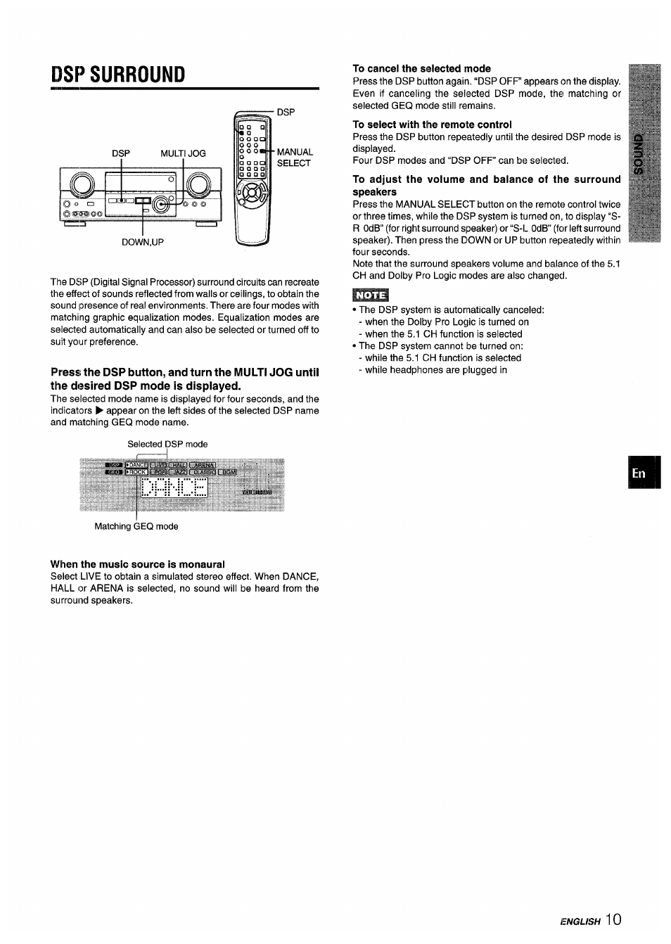Dsp surround, To cancel the selected mode, To select with the remote control | When the music source is monaural | Aiwa AV-D55 User Manual | Page 11 / 64