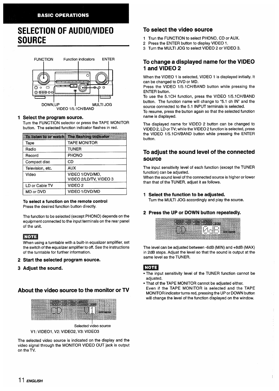 Selection of audio/video source, To select the video source, To select a function on the remote control | About the video source to the monitor or tv, To adjust the sound level of the connected source | Aiwa AV-D55 User Manual | Page 12 / 64