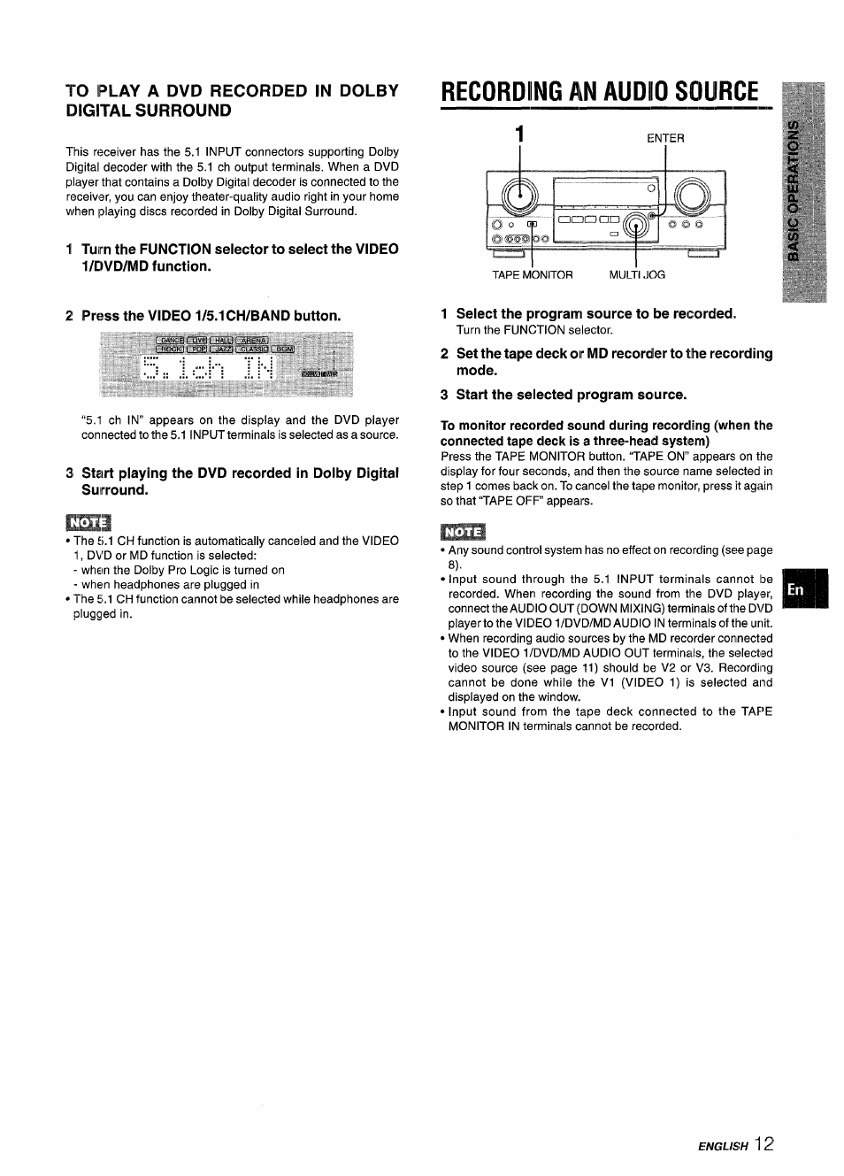 To play a dvd recorded in dolby digital surround, Recording an audio source, 2 press the video 1/5.1 ch/band button | 1 select the program source to be recorded, 3 start the selected program source | Aiwa AV-D55 User Manual | Page 13 / 64