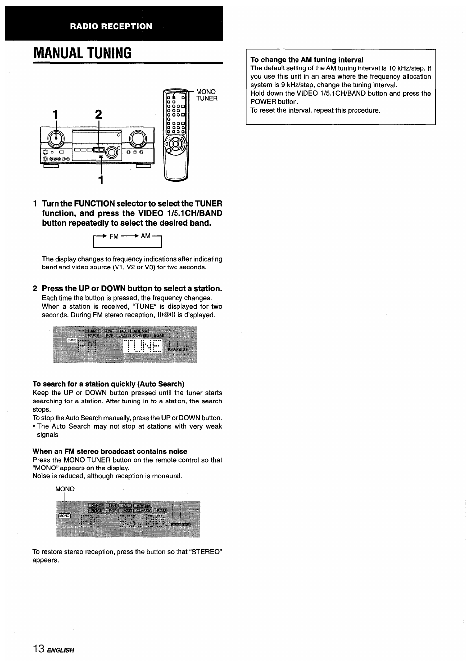 Manual tuning, To change the am tuning interval, To search for a station quickly (auto search) | When an fm stereo broadcast contains noise | Aiwa AV-D55 User Manual | Page 14 / 64