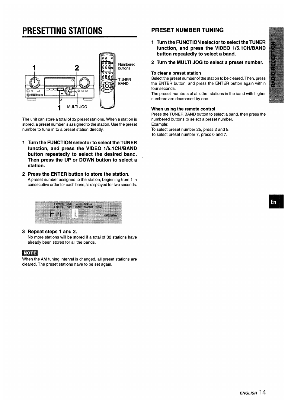 When using the remote control, Presening stations, Preset number tuning | Aiwa AV-D55 User Manual | Page 15 / 64