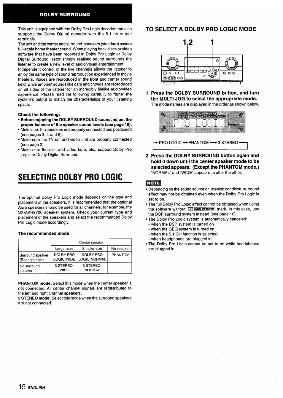 To select a dolby pro logic mode, Selecting dolby pro logic | Aiwa AV-D55 User Manual | Page 16 / 64