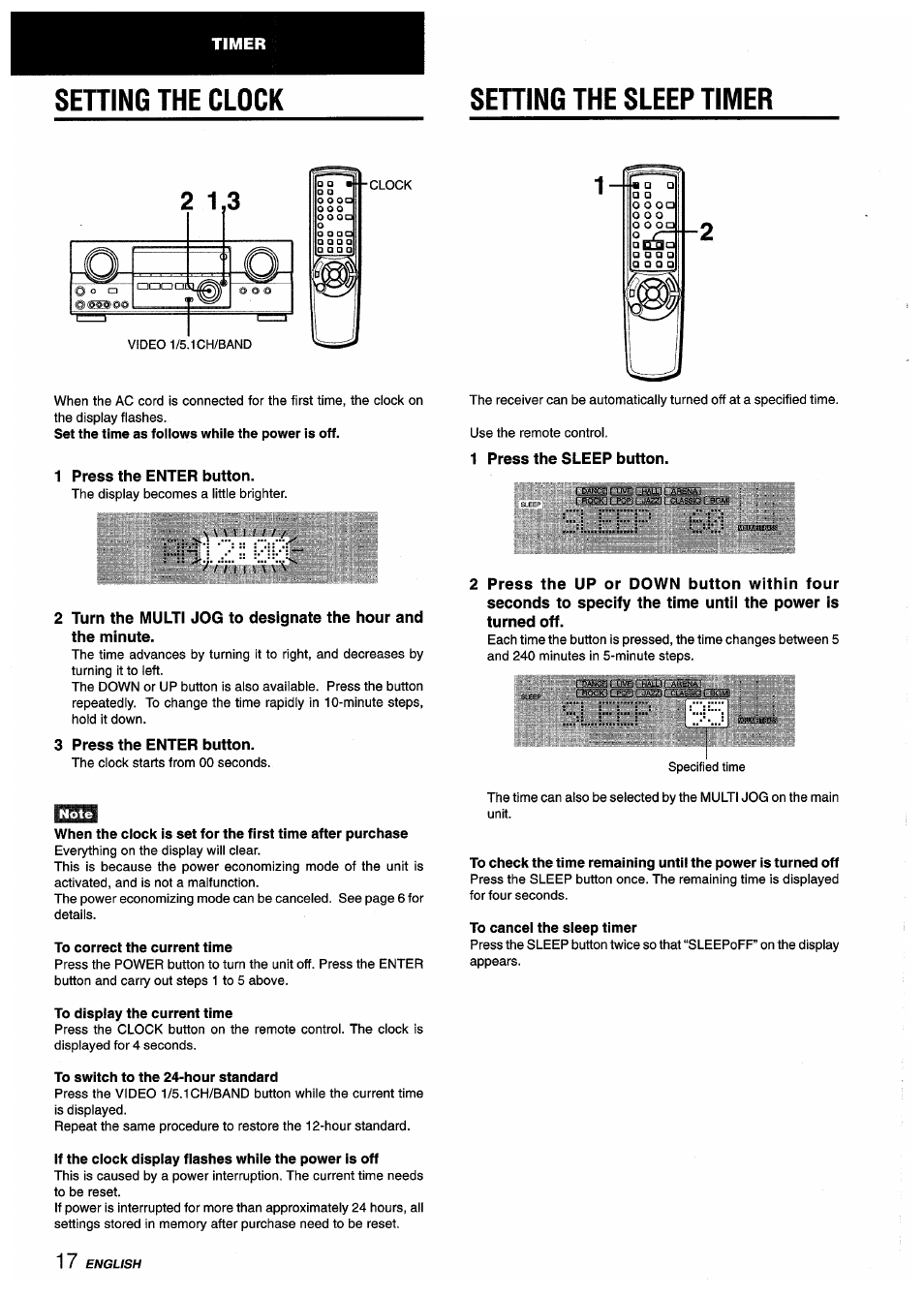 Setting the sleep timer, To correct the current time, To display the current time | To switch to the 24-hour standard, To cancel the sleep timer, Sehing the clock setting the sleep timer, 1 press the enter button, 3 press the enter button, 1 press the sleep button | Aiwa AV-D55 User Manual | Page 18 / 64