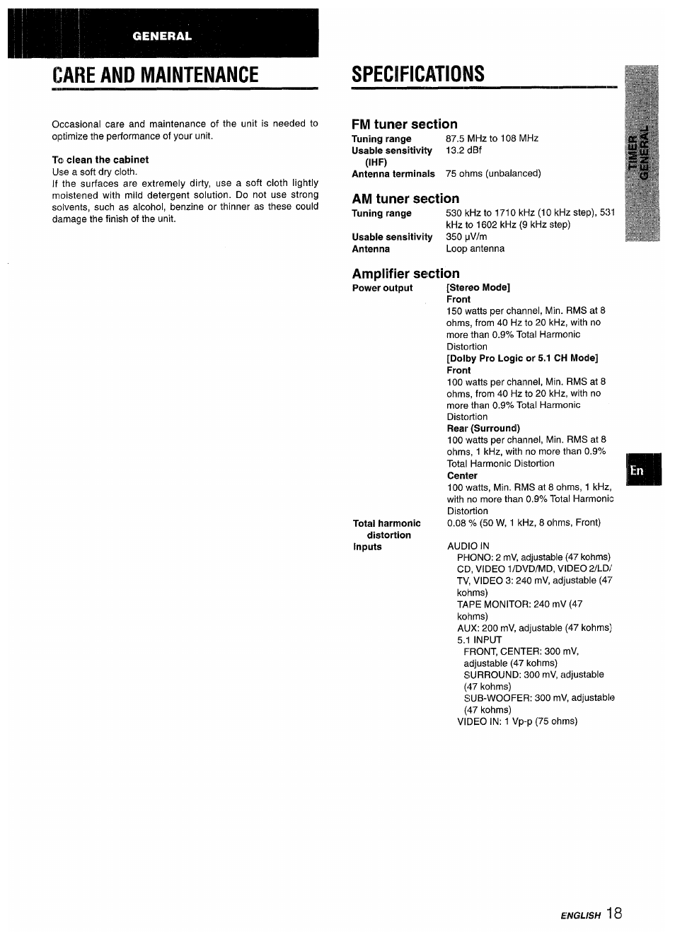 Fm tuner section, Am tuner section, Amplifier section | Care and maintenance specifications | Aiwa AV-D55 User Manual | Page 19 / 64