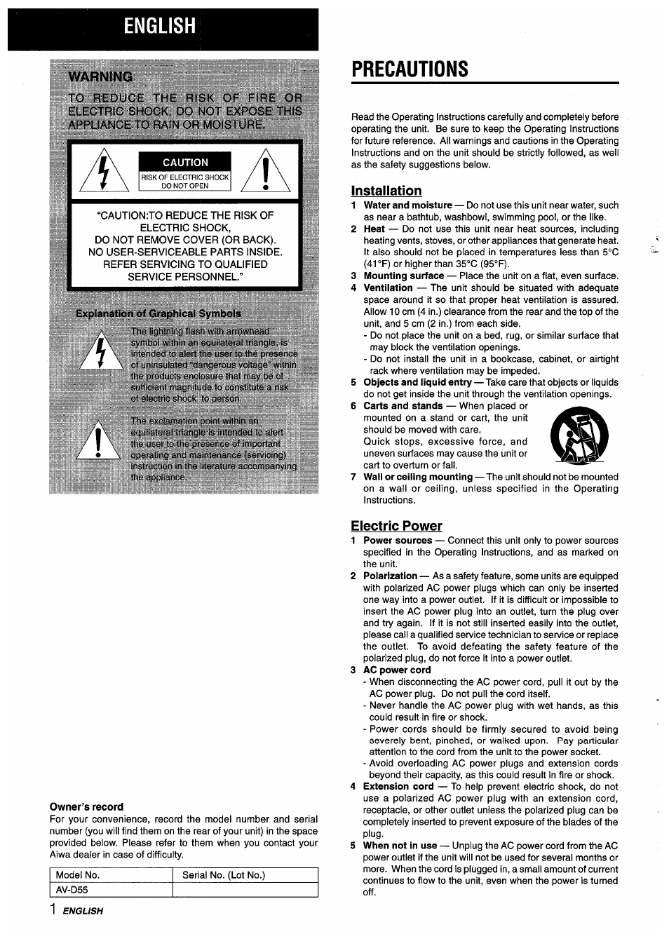 English, Warning, Precautions | Installation, Owner’s record, Electric power | Aiwa AV-D55 User Manual | Page 2 / 64