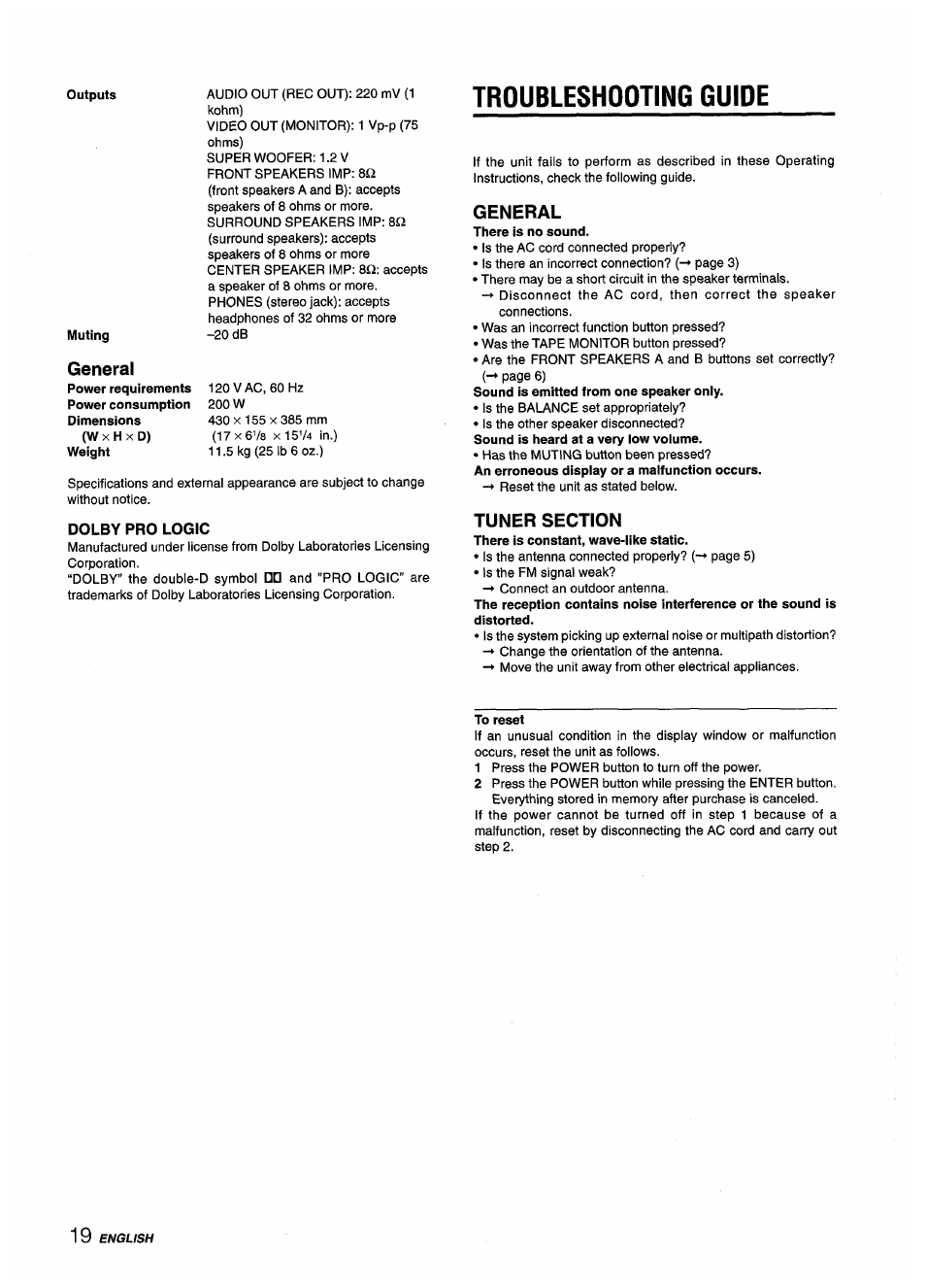 Dolby pro logic, Troubleshooting guide, General | Tuner section | Aiwa AV-D55 User Manual | Page 20 / 64