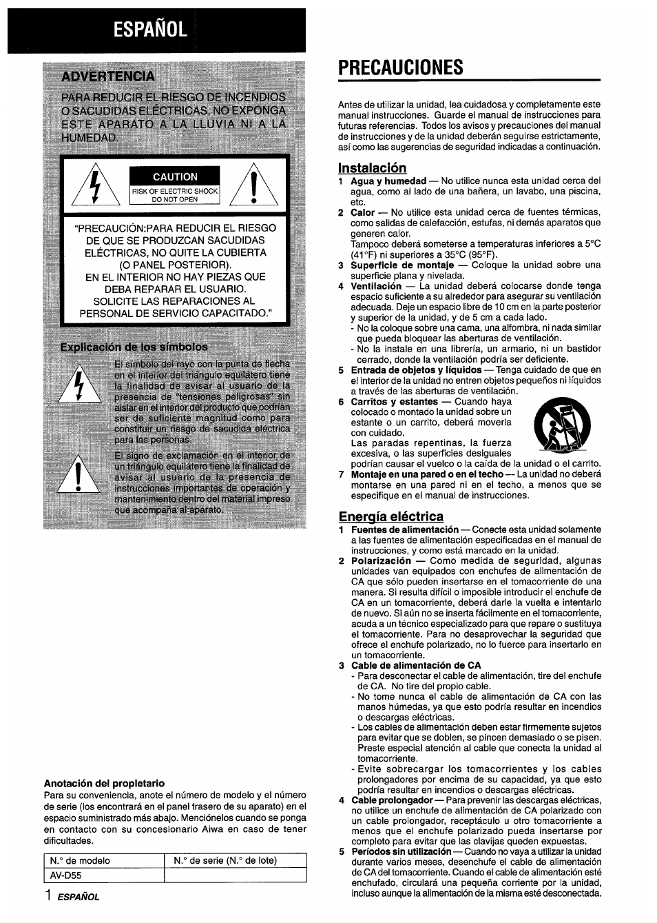 Español, Advertencia, Precauciones | Explicación de ios símbolos, Instalación, Energía eléctrica | Aiwa AV-D55 User Manual | Page 22 / 64