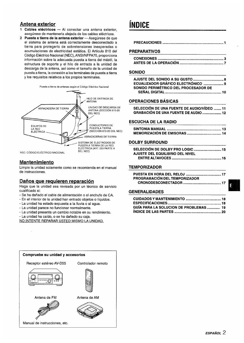 Antena exterior, Indice, Mantenimiento | Daños que requieren reparación | Aiwa AV-D55 User Manual | Page 23 / 64