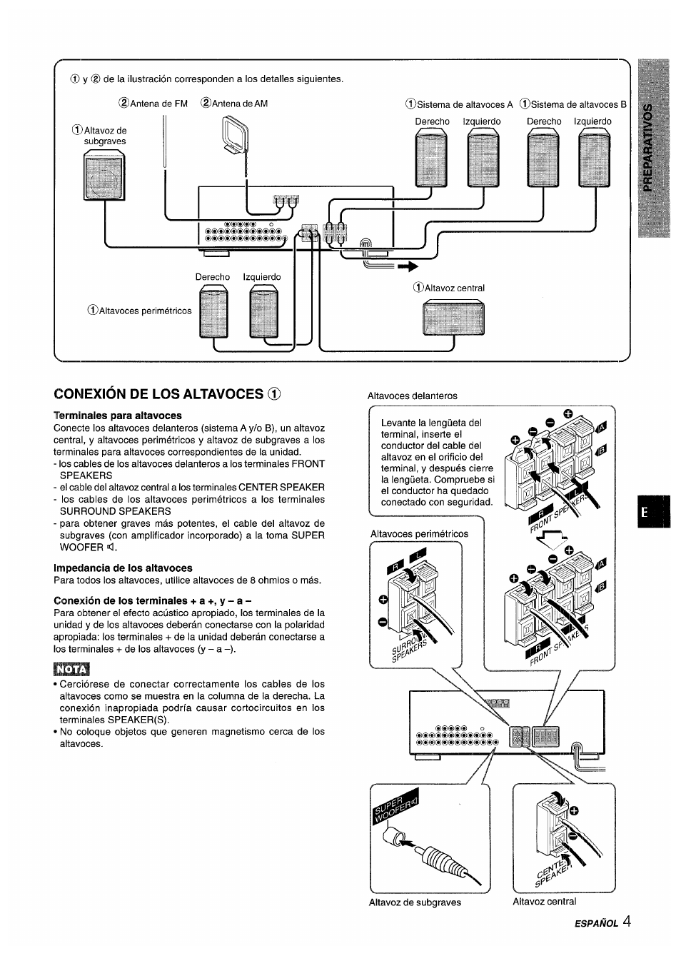 Conexión de los altavoces, Terminales para altavoces, Impedancia de los altavoces | Conexión de los terminales + a +, y - a, Oc a | Aiwa AV-D55 User Manual | Page 25 / 64