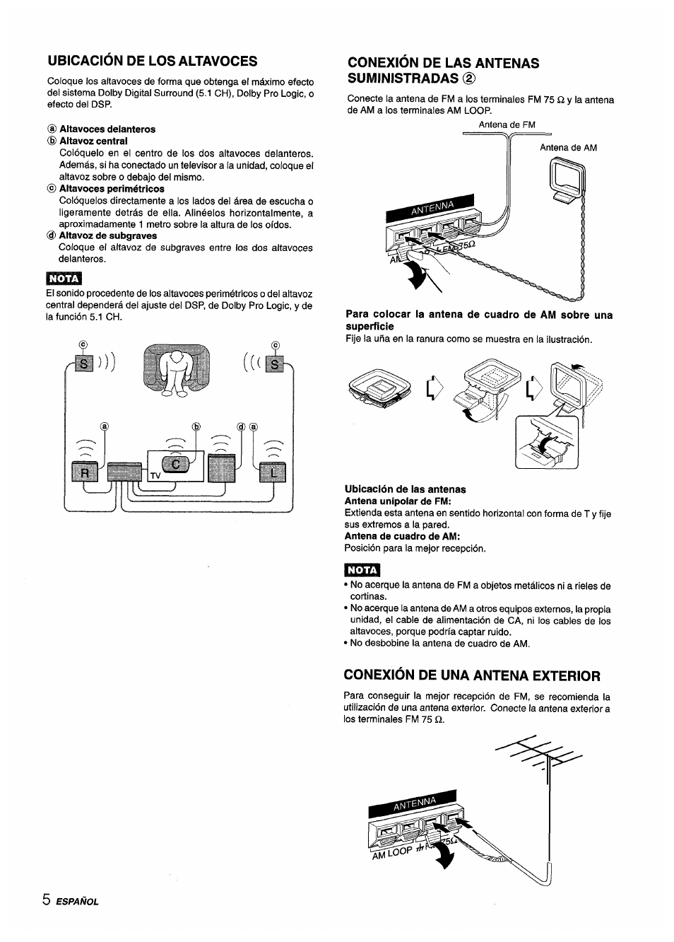Ubicación de los altavoces, Altavoces delanteros (g) altavoz central, Altavoces perimétricos | Altavoz de subgraves, Nota, Conexion de las antenas suministradas (d, Ubicación de ias antenas antena unipolar de fm, Antena de cuadro de am, Conexión de una antena exterior, Conexion de las antenas suministradas | Aiwa AV-D55 User Manual | Page 26 / 64