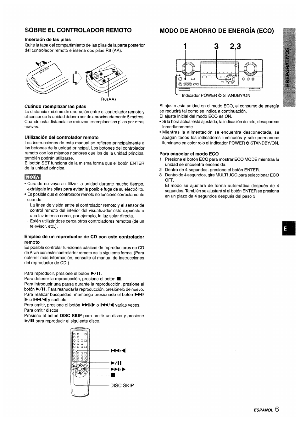 Sobre el controlador remoto, Modo de ahorro de energia (eco), Utilización del controlador remoto | Para cancelar el modo eco | Aiwa AV-D55 User Manual | Page 27 / 64