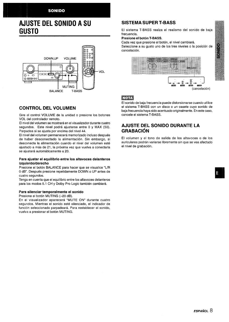 Control del volumen, Para silenciar temporaimente ei sonido, Sistema super t-bass | Ajuste del sonido durante la grabación, Ajuste del sonido a su gusto | Aiwa AV-D55 User Manual | Page 29 / 64