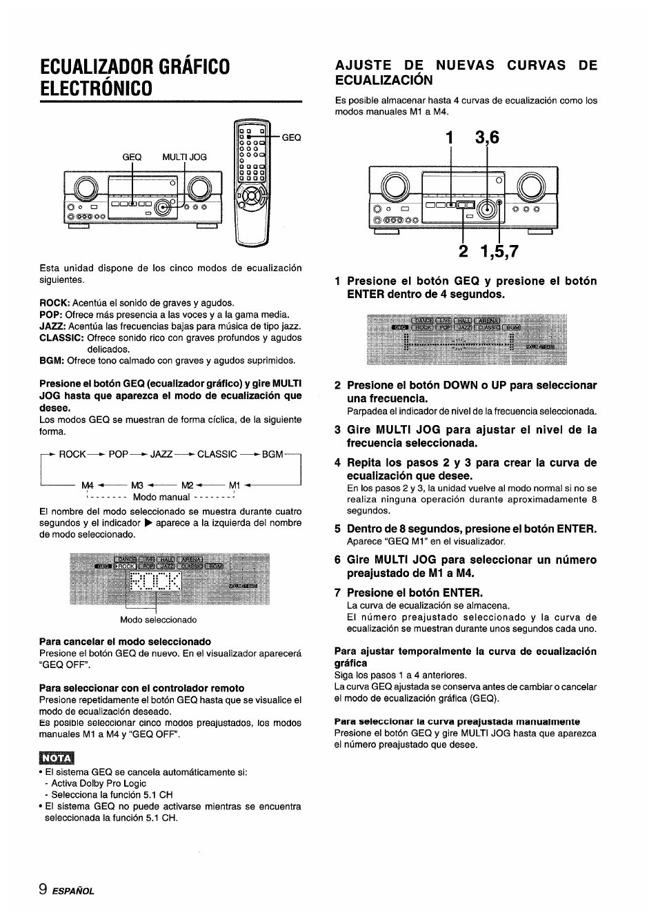 Ecualizador grafico electrónico, Para cancelar el modo seleccionado, Para seleccionar con ei controlador remoto | Ajuste de nuevas curvas de ecualización, Ecualizador gráfico electrónico | Aiwa AV-D55 User Manual | Page 30 / 64