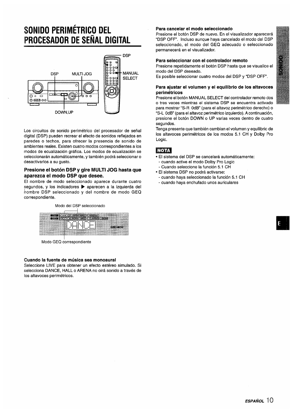 Sonido perimetrico del procesador de señal digital, Cuando la fuente de música sea monoaural, Para cancelar el modo seleccionado | Para seleccionar con el controlador remoto | Aiwa AV-D55 User Manual | Page 31 / 64