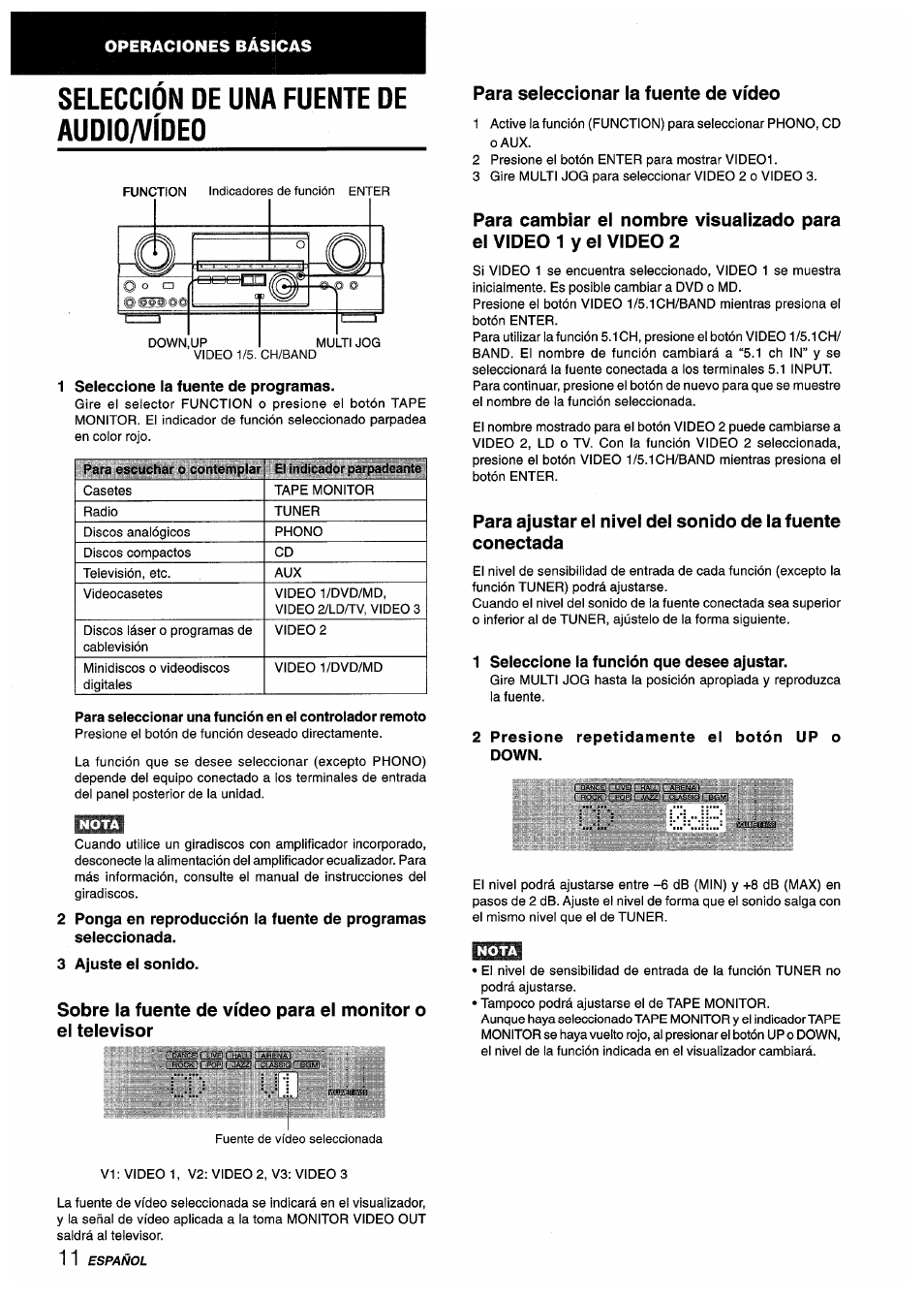 Selección de una fuente de audio/vídeo, 1 seleccione la fuente de programas, 3 ajuste el sonido | Para seleccionar la fuente de vídeo, 1 seleccione la función que desee ajustar, 2 presione repetidamente ei botón up o down, Grabación de una fuente de audio | Aiwa AV-D55 User Manual | Page 32 / 64