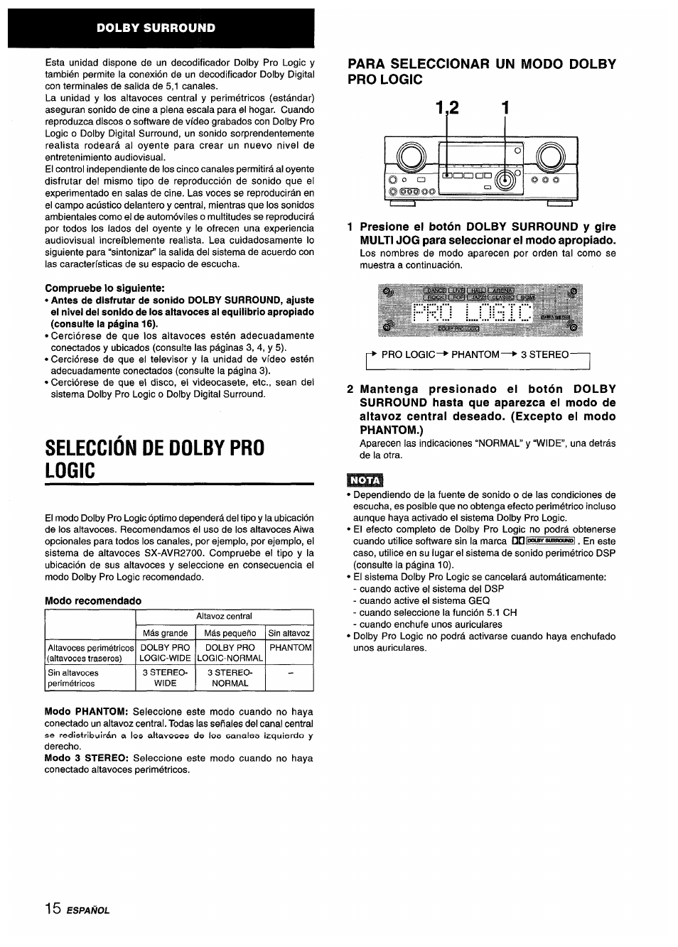 Compruebe lo siguiente, Seleccion de dolby pro logic, Para seleccionar un modo dolby pro logic | Selección de dolejy pro logic | Aiwa AV-D55 User Manual | Page 36 / 64