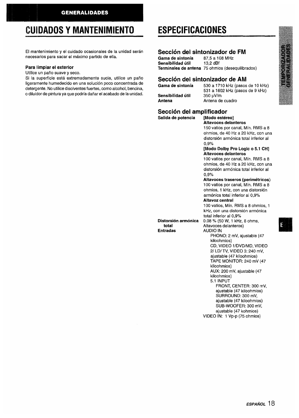 Cuidados y mantenimiento, Para limpiar el exterior, Sección del sintonizador de fm | Sección dei sintonizador de am, Sección del amplificador, Cuidados y mantenimiento especificaciones | Aiwa AV-D55 User Manual | Page 39 / 64