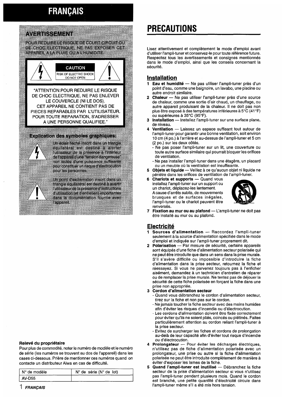 Français, Avertissement, Precautions | Installation, Electricité, Precauciones, Explication des symboles graphiques | Aiwa AV-D55 User Manual | Page 42 / 64