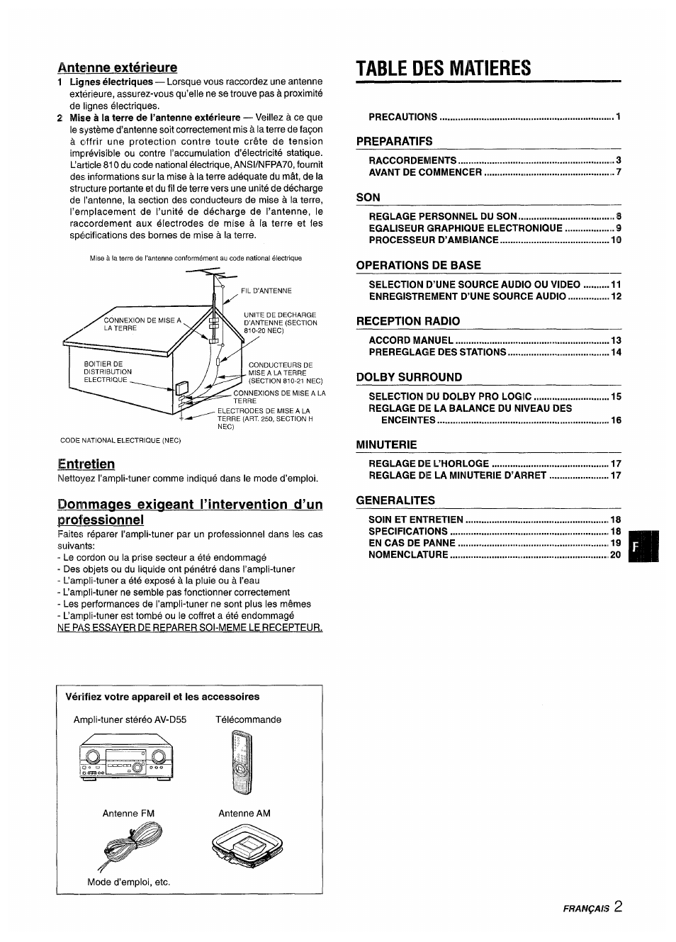 Antenne extérieure, Table des matieres, Entretien | Aiwa AV-D55 User Manual | Page 43 / 64